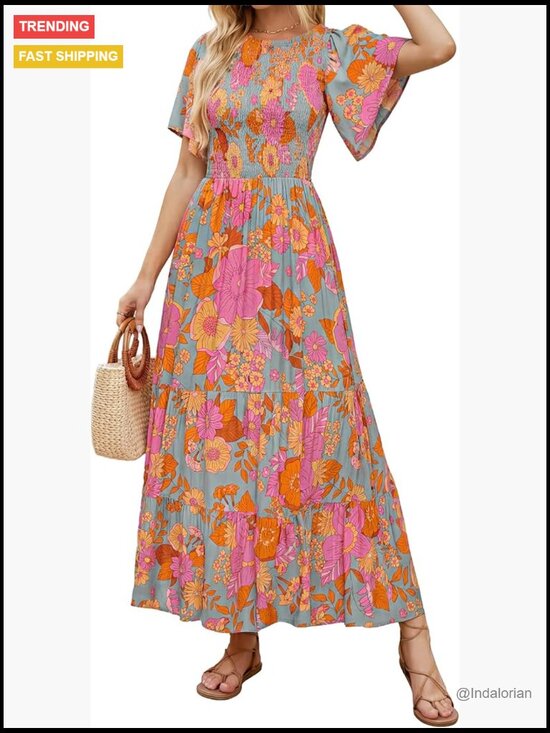Dresses & Skirts - Boho Floral Maxi Dress with Flutter Sleeve, Smocked Bodice, Tiered Skirt